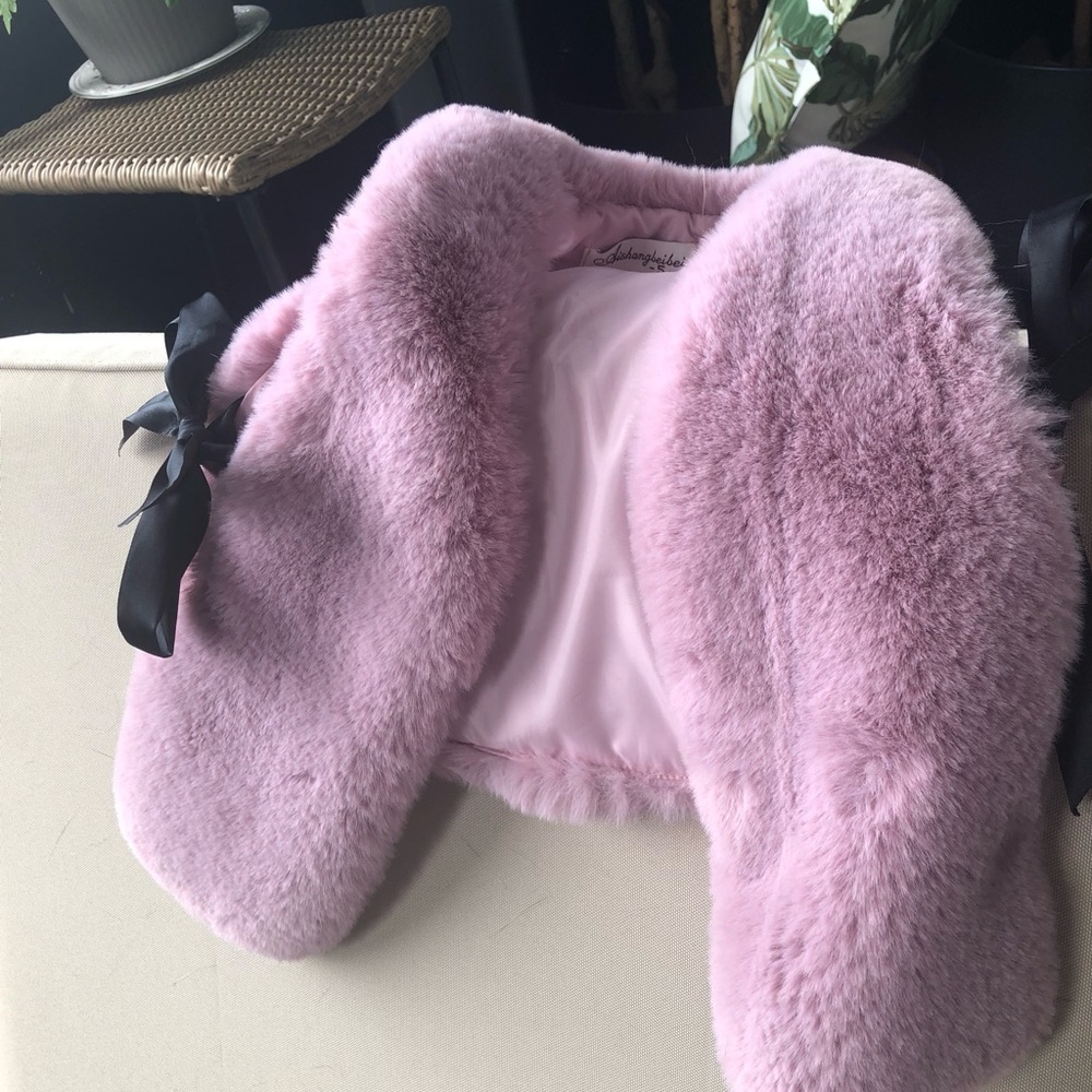 Baby Girl Soft Faux Fur Pink Vest with Black Ribbon Ties Toddler Summer Eves